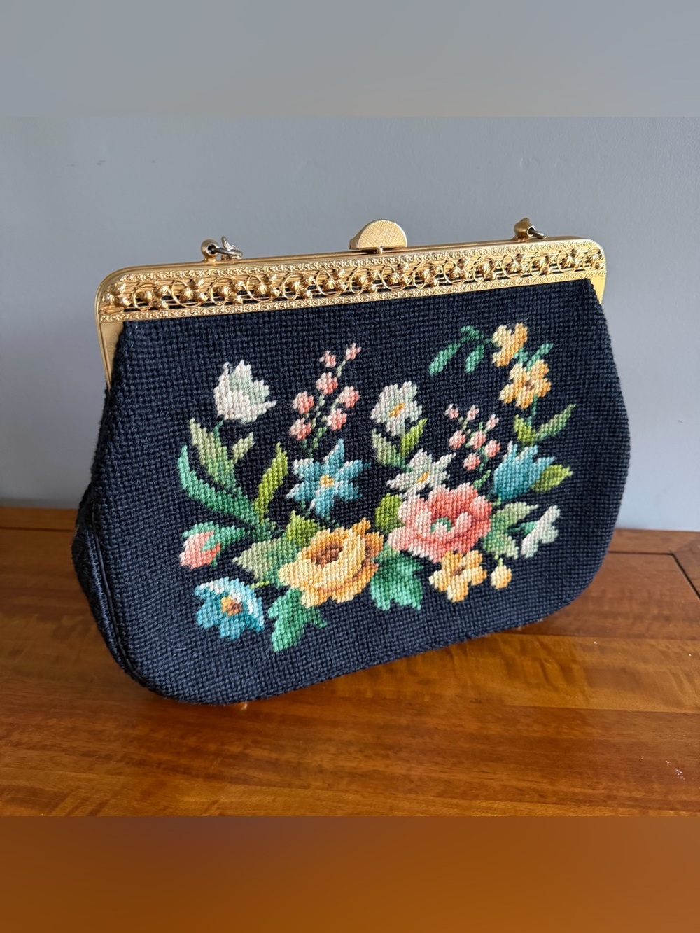Vintage Needlepoint Floral Clutch with Gold Frame - Black